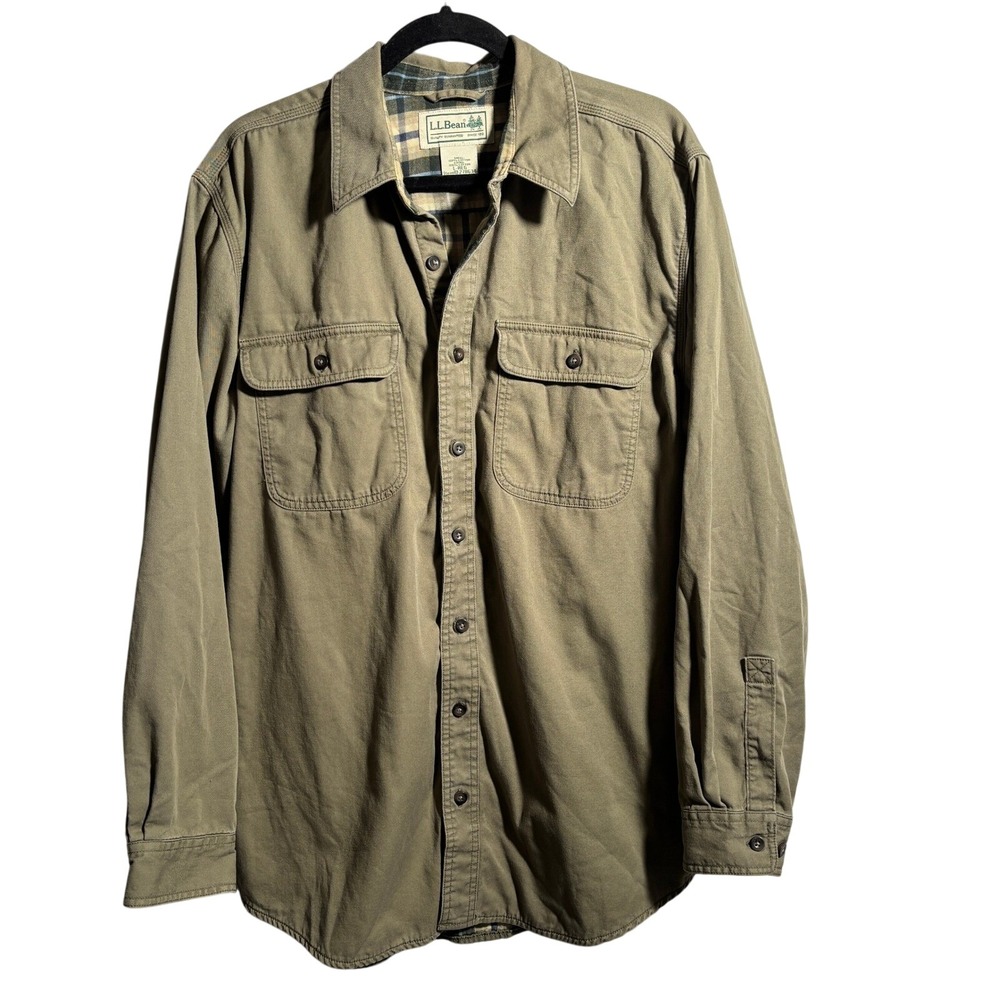 LL BEAN Flannel Lined Hurricane Camp Shirt Jacket Green Shacket Mens Large VTG